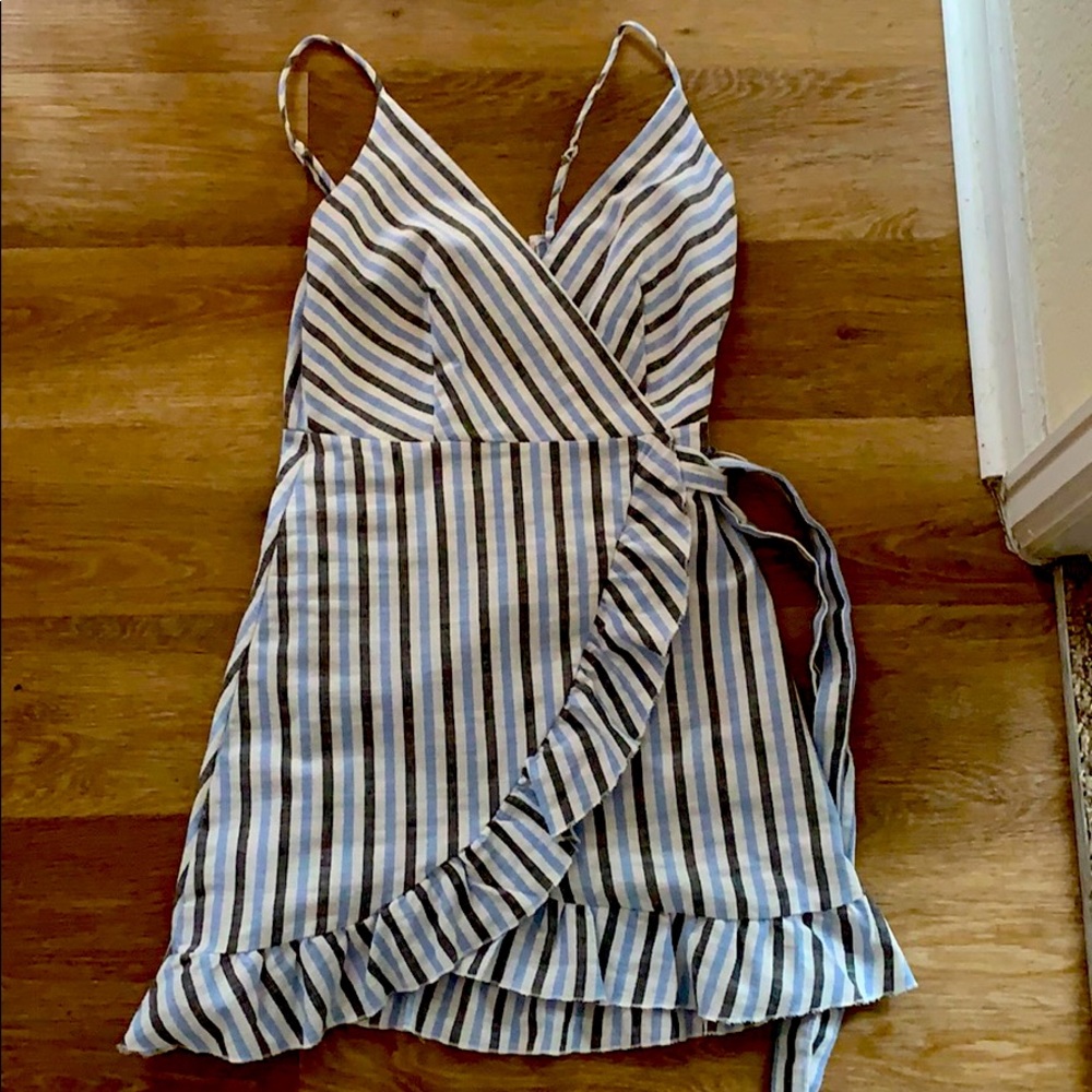 Blue and Grey Pinstripe wrap dress